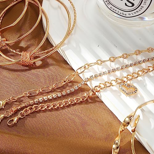 IFKM 6 Pack (27 Pcs) 14K Gold Plated Stackable Open Cuff Bangle Chain Bracelets Set for Women - Image 5
