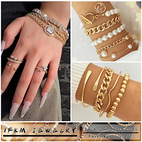 IFKM 6 Pack (27 Pcs) 14K Gold Plated Stackable Open Cuff Bangle Chain Bracelets Set for Women - Image 2