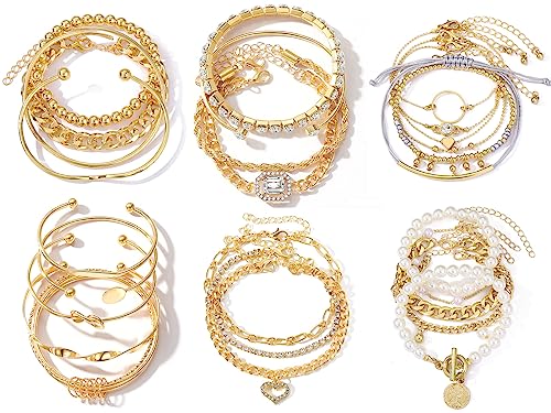 IFKM 6 Pack (27 Pcs) 14K Gold Plated Stackable Open Cuff Bangle Chain Bracelets Set for Women - Image 1