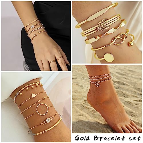 IFKM 6 Pack (27 Pcs) 14K Gold Plated Stackable Open Cuff Bangle Chain Bracelets Set for Women - Image 3