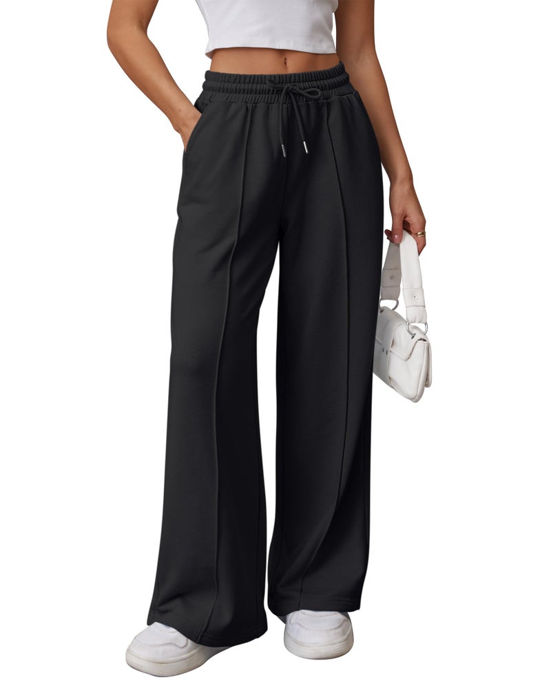 ATHMILE Wide Leg Pants Woman High Waisted Baggy Pants Drawstring Athletic Joggers Sweatpants Black - Image 1
