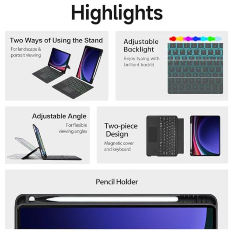 Detachable Keyboard Case for Samsung Galaxy Tab S10 FE+ 13.1-inch S10 FE+ 13.1-inch 2025, Magnetic Detachable Keyboard, Trackpad, 7-Color Backlight, Pencil Holder, Stand - Image 3