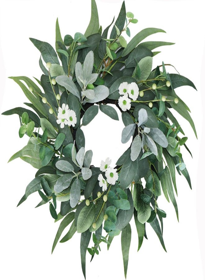 BINFEN 20" Green Eucalyptus Wreaths for Front Door with Lambs Ear White Flowers – Lifelike Spring, Summer, and Winter Wreath for Farmhouse Porch, Window, Door Decor - Image 1