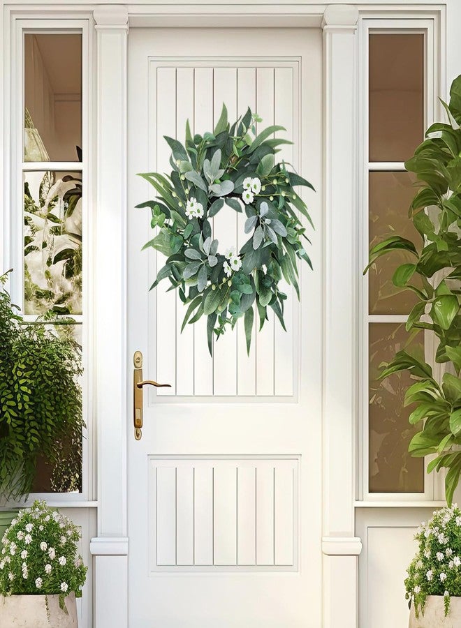 BINFEN 20" Green Eucalyptus Wreaths for Front Door with Lambs Ear White Flowers – Lifelike Spring, Summer, and Winter Wreath for Farmhouse Porch, Window, Door Decor - Image 3