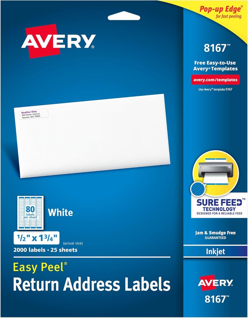 AVERY Printable Return Address Labels with Sure Feed, 0.5" x 1.75", White, 2,000 Blank Mailing Labels (08167) - Image 1