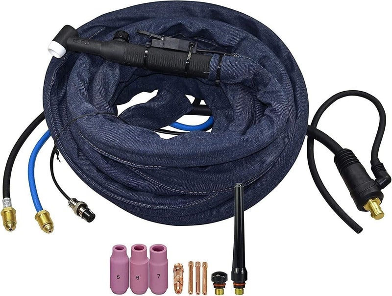 RIVERWELD SR WP 18FV TIG Welding Torch Complete With Flexible  Gas Valve Head Water Cooled 350Amp Gas  Electric Cable Separation Connector Miller  2 pins  CK3550 25Feet 76M