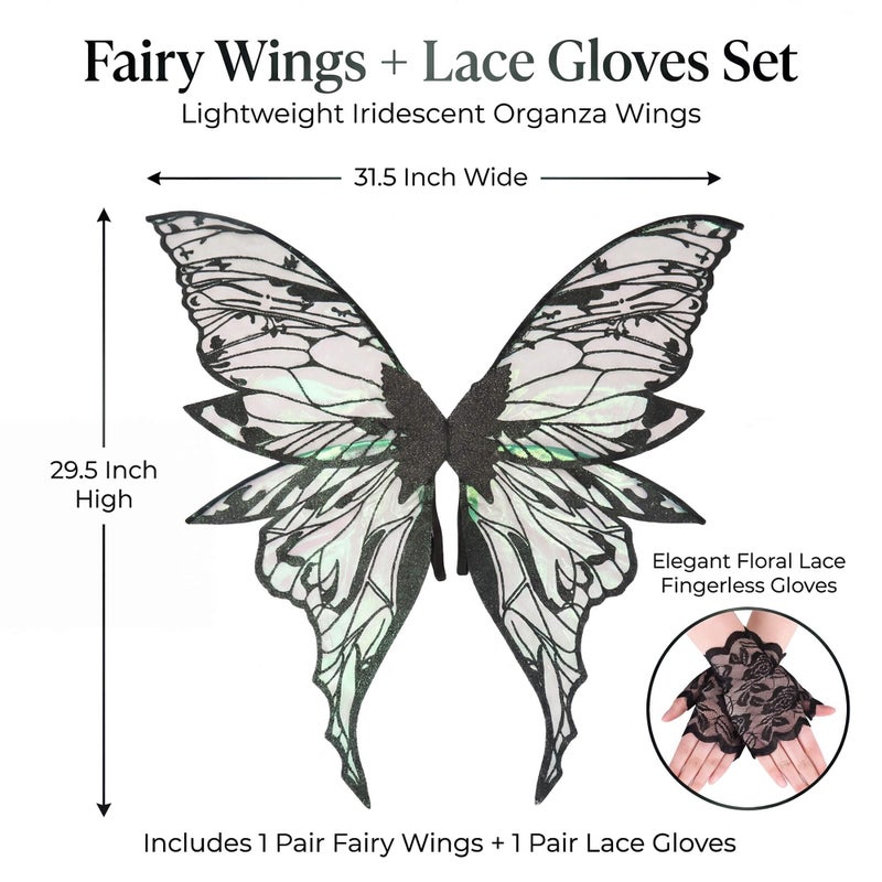 YKW Fairy Wings for Adult Women,31.5x29.5 Inch Butterfly Cosplay Wings with Lace Gloves,Organza Costume Wings for Halloween Party (Black) - Image 2