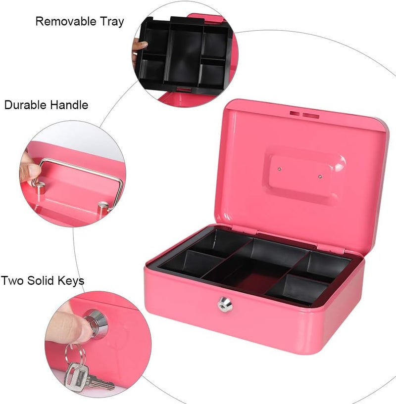 Parrency Cash Box with Money Tray, Safe Box for Cash Saving Key Lock Money Organizer, Large Money Box with Key Lock, 9.8 x 7.9 x 3.5 inches, Pink - Image 3