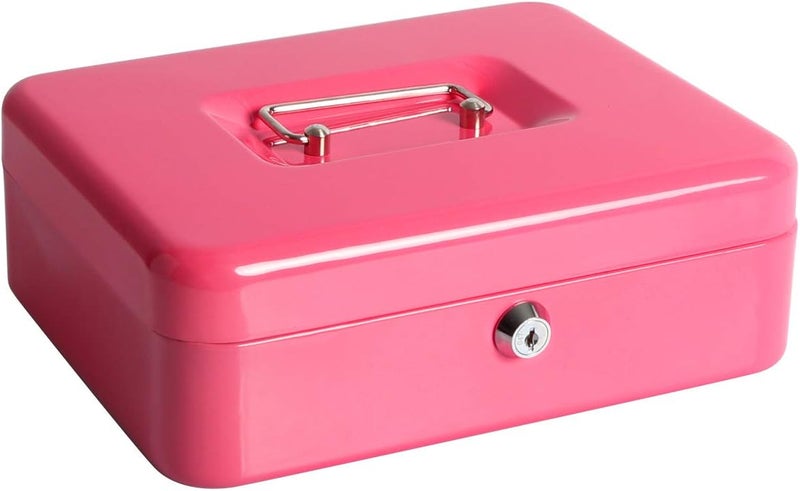 Parrency Cash Box with Money Tray, Safe Box for Cash Saving Key Lock Money Organizer, Large Money Box with Key Lock, 9.8 x 7.9 x 3.5 inches, Pink - Image 1