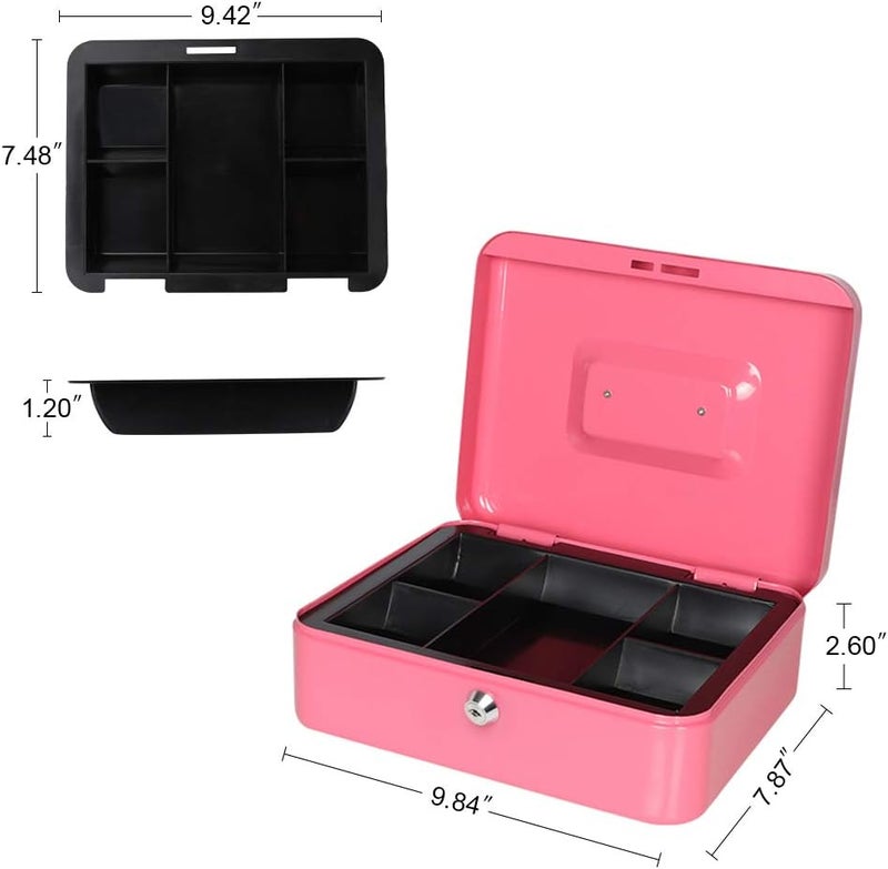 Parrency Cash Box with Money Tray, Safe Box for Cash Saving Key Lock Money Organizer, Large Money Box with Key Lock, 9.8 x 7.9 x 3.5 inches, Pink - Image 2