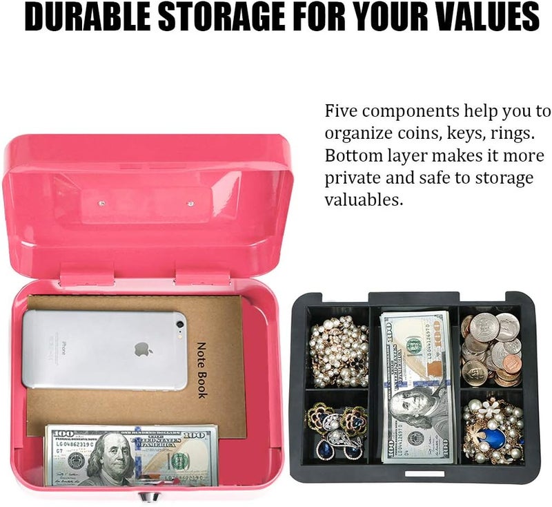 Parrency Cash Box with Money Tray, Safe Box for Cash Saving Key Lock Money Organizer, Large Money Box with Key Lock, 9.8 x 7.9 x 3.5 inches, Pink - Image 5