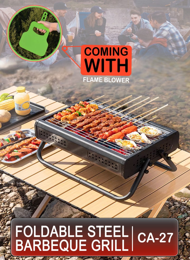 Toshionics Foldable Charcoal Barbecue Grill – Portable Stainless Steel BBQ Stand with 360° Ventilation, Removable Charcoal Tray, Easy to Carry & Clean with BBQ Hand Fan | Perfect for Camping, Picnic, Garden, Travel & Outdoor Cooking - Image 1