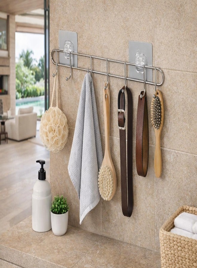 LYSIREN Door Hangers for Clothes, Hanger for Wall - Stainless Steel Bathroom Wall Hook with 6 Hooks, Self Adhesive Magic Sticker Door & Wall Hanger for Towel, Kitchen & Clothes, 5 Kg Capacity, Silver - Image 2