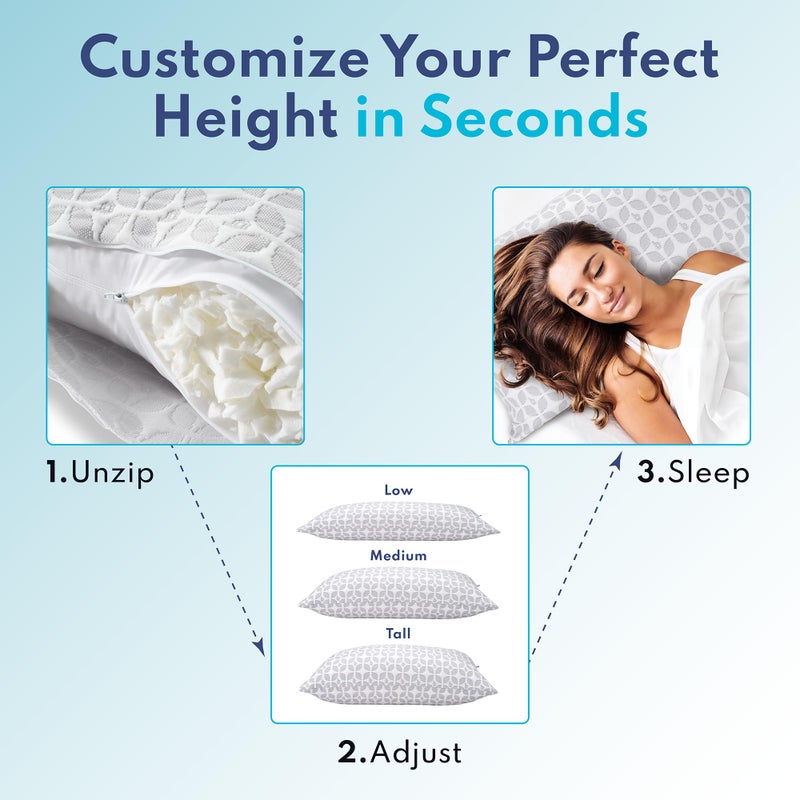 BLISSY Adjustable Memory Foam Pillow for Sleeping (Queen Size) - Cooling Gel Pillows for Side Sleepers with Shredded Foam for Customizable Loft - CertiPUR-US & Oeko-TEX - Image 2