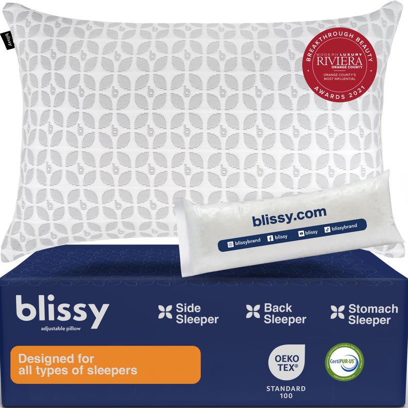 BLISSY Adjustable Memory Foam Pillow for Sleeping (Queen Size) - Cooling Gel Pillows for Side Sleepers with Shredded Foam for Customizable Loft - CertiPUR-US & Oeko-TEX - Image 1