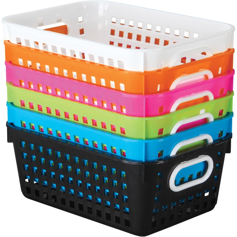 Really Good Stuff - 164316 Plastic Storage Baskets for Classroom or Home Use - Stackable Mesh Plastic Baskets with Grip Handles - Bright Neon Colors - 11"" x 7.5"" (Set of 6) - Image 1