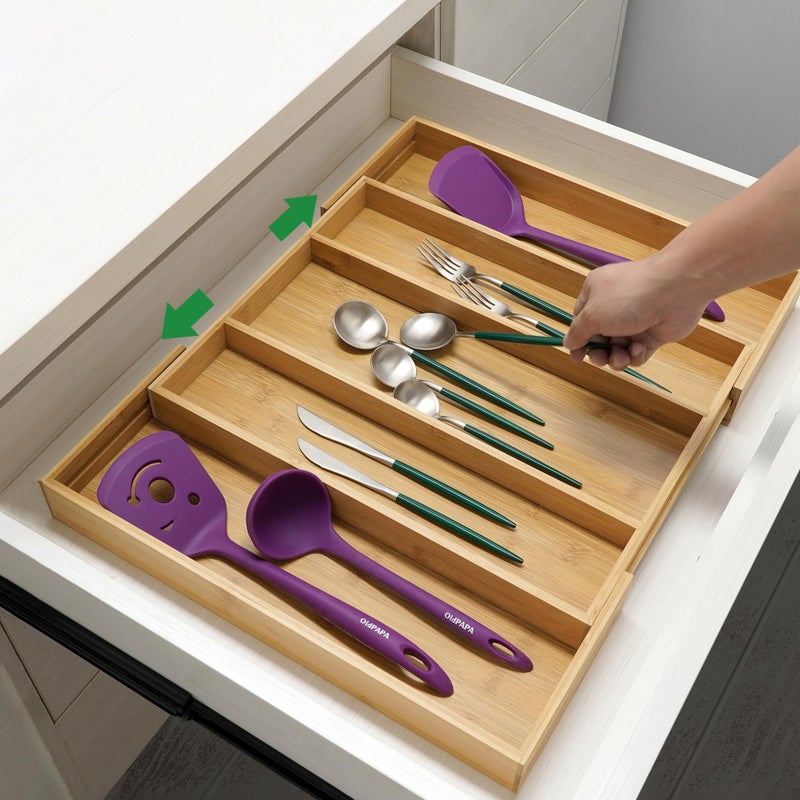 Utoplike Bamboo Expandable Kitchen Drawer Organizer, Adjustable Utensil Holder and Cutlery Tray Organiser, Drawer Divider for Silverware, Flatware, Knives in Kitchen, Bedroom, Living Room, 5 Slot - Image 2