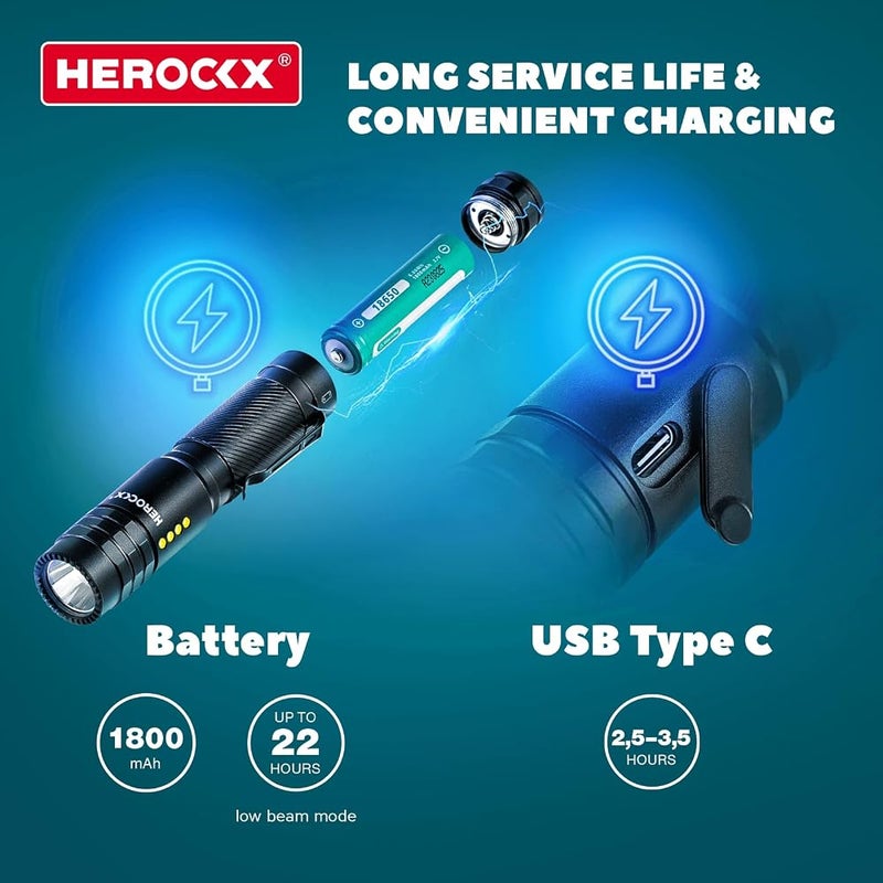 HEROCKX 1800mAh Flashlight Rechargeable LED Flashlights High Lumens, 1000 Lumens Super Bright Tactical Handheld Flashlight powerful, Zoomable, Waterproof, Long Lasting Flashlight for Hiking Camping Gift - Image 3