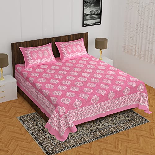 EarlyMart Cotton Rajasthani Jaipuri Traditional Floral King Size Double Bedsheet With 2 Pillow Covers (Pink),144 TC - Image 3