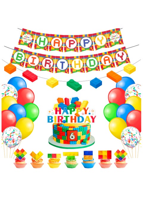 Block Party Decorations,53 Pcs Building Blocks Birthday Decorations Set - Building Block Birthday Balloons,Building Block Banner Cake Topper etc Colorful Building Block Birthday Party Supplies
