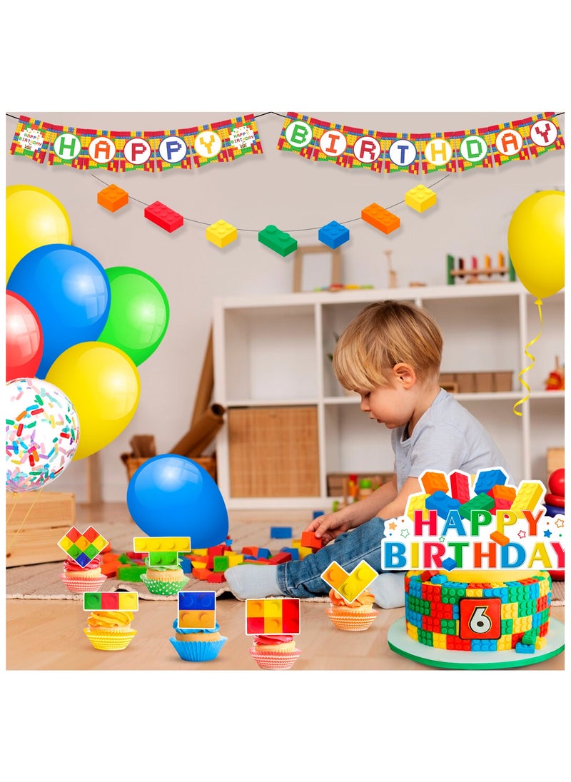 FRUITFUL PARTY - Block Party Decorations,53 Pcs Building Blocks Birthday Decorations Set - Building Block Birthday Balloons,Building Block Banner Cake Topper etc Colorful Building Block Birthday Party Supplies - Image 1