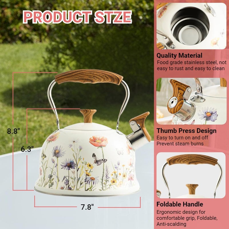 Beruyu Tea Kettle for Stove Top, 2.7 Quart Whistling Kettle with Floral Pattern for Boiling Water Coffee or Milk, Stainless Steel Tea Pots with Wood Pattern Folding Handle, Work for All Stovetops - Image 3