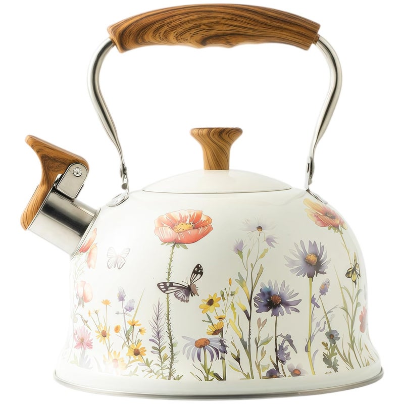 Beruyu Tea Kettle for Stove Top, 2.7 Quart Whistling Kettle with Floral Pattern for Boiling Water Coffee or Milk, Stainless Steel Tea Pots with Wood Pattern Folding Handle, Work for All Stovetops - Image 1