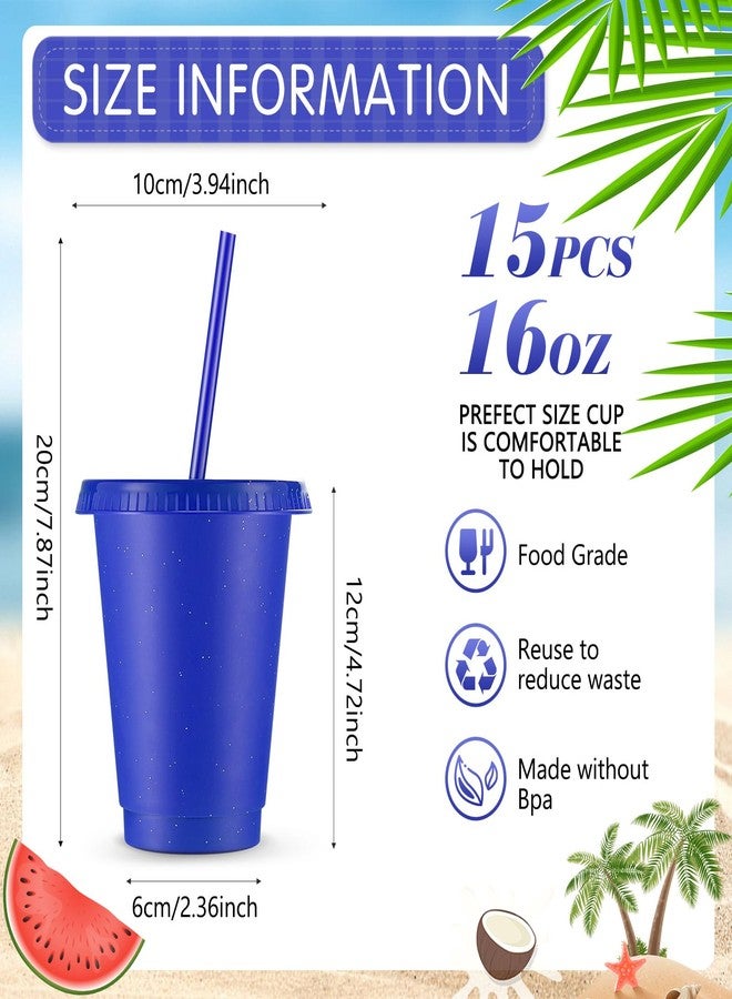 Rtteri 15 Pcs Reusable Cups with Straws and Lids 16 oz Glitter Tumblers Plastic Party Favor Cups with Lids Travel Mug Tumbler for Easter Graduation Party Iced Beverage Water(Navy Blue) - Image 2