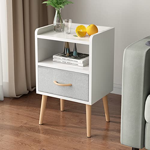 LUCKNOCK White Night Stand with Drawer Mid Century Modern Bedside Table Sturdy Wood Nightstand with Open Storage Shelf Small Bedside Table for Bedroom Kids Room Small Spaces