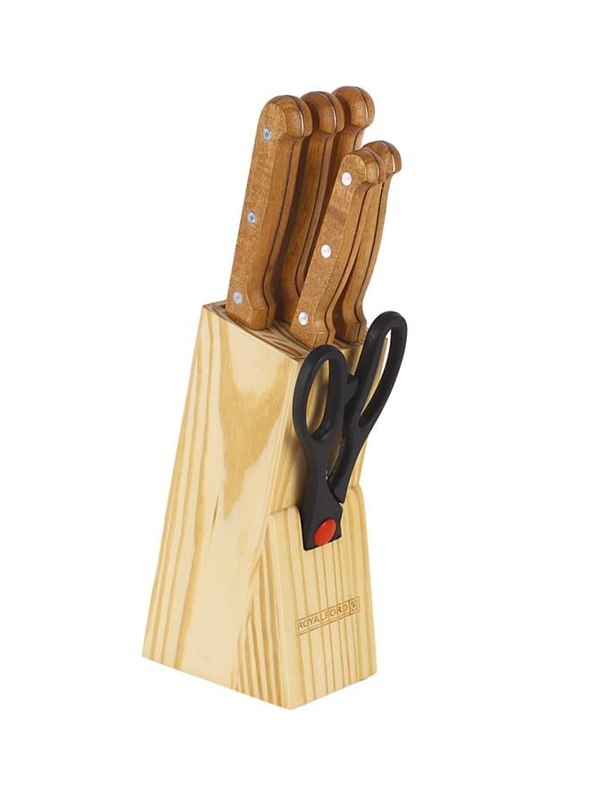Royalford Kitchen Knife Set- RF12265/ Pack of 7, Includes Chef, Slicer, Utility, Paring Knife and Scissors/ Stylish Pinewood Holder, Ergonomic Design with Comfortable Wooden Handle Multicolor - Image 5
