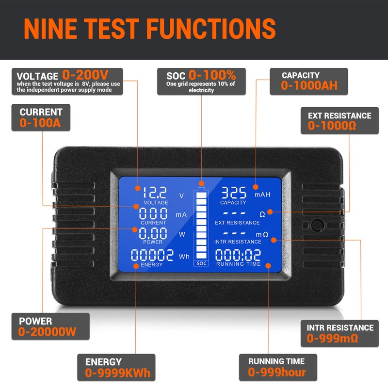 MICTUNING LCD Display DC Battery Monitor Meter 0-200V Voltmeter Ammeter for Cars RV Solar System (B) - Image 2