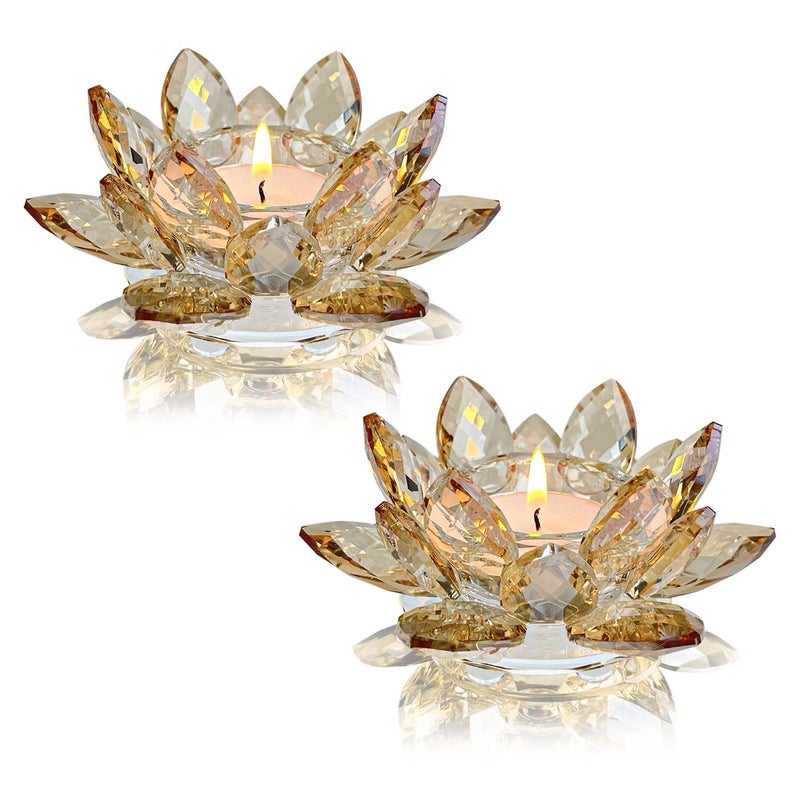 Kolnlala Crystal Lotus Flower Tealight Candle HoldersGlass Tea Light Candlestick Decor Decoration for Christmas Home Wedding Party 1 Gold 2pcs
