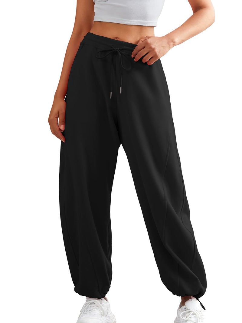 ELLEVEN Wide Leg Baggy Sweatpants Women Y2K Sweat Track Pants Drawstring High Elastic Waist Pockets Tall Long Oversized Open Cinch Bottom Athletic Joggers Workout Gym Yoga Black X-Large - Image 2