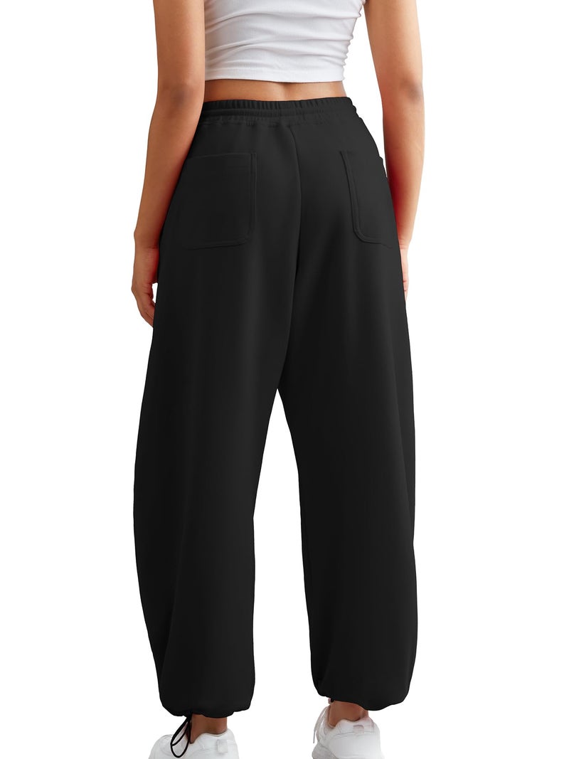 ELLEVEN Wide Leg Baggy Sweatpants Women Y2K Sweat Track Pants Drawstring High Elastic Waist Pockets Tall Long Oversized Open Cinch Bottom Athletic Joggers Workout Gym Yoga Black X-Large - Image 4