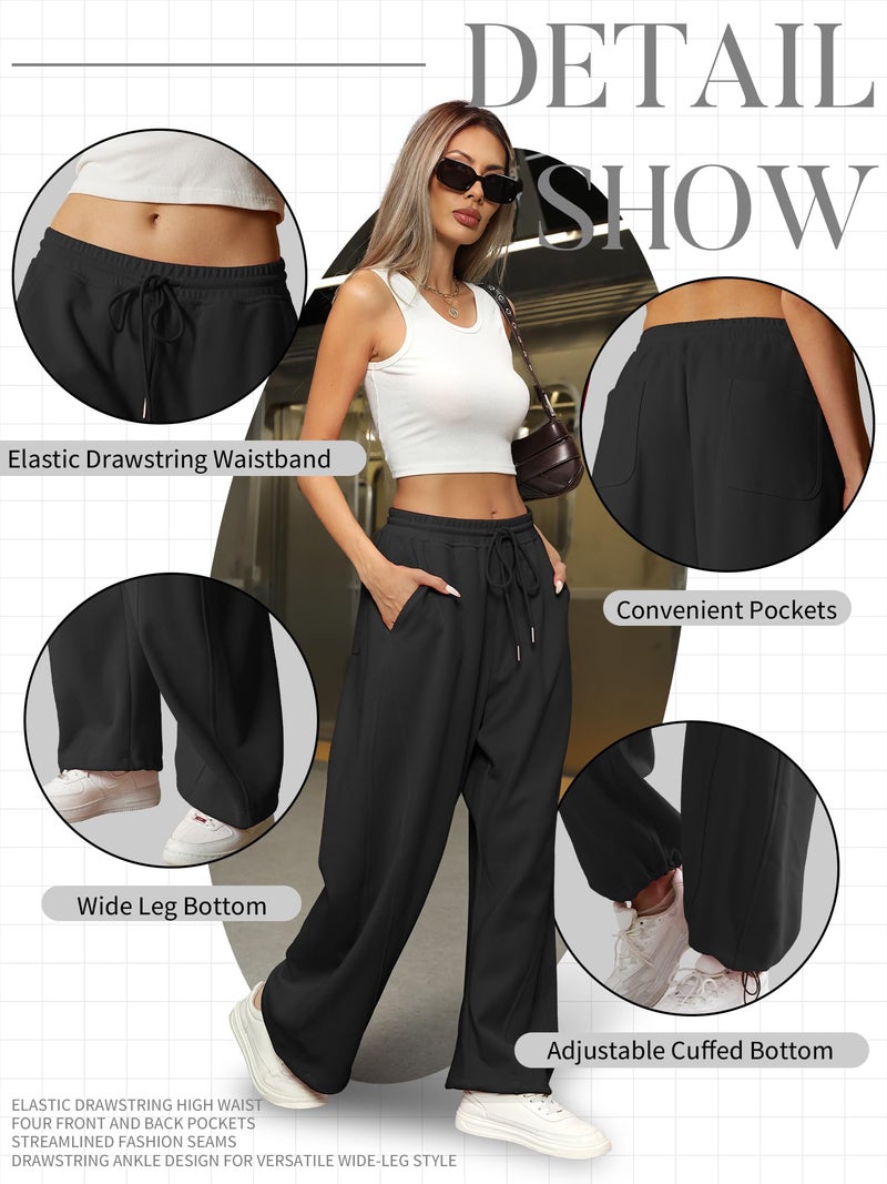 ELLEVEN Wide Leg Baggy Sweatpants Women Y2K Sweat Track Pants Drawstring High Elastic Waist Pockets Tall Long Oversized Open Cinch Bottom Athletic Joggers Workout Gym Yoga Black X-Large - Image 5