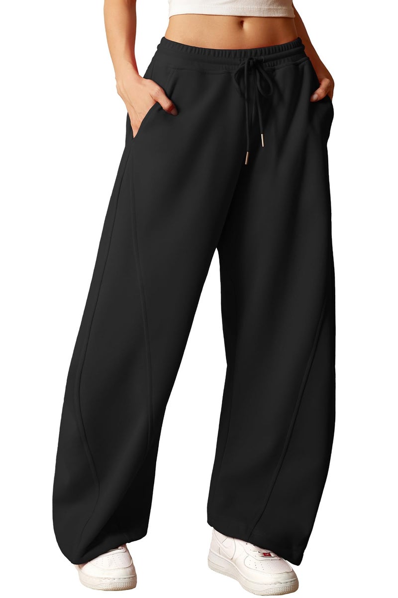 ELLEVEN Wide Leg Baggy Sweatpants Women Y2K Sweat Track Pants Drawstring High Elastic Waist Pockets Tall Long Oversized Open Cinch Bottom Athletic Joggers Workout Gym Yoga Black X-Large - Image 1