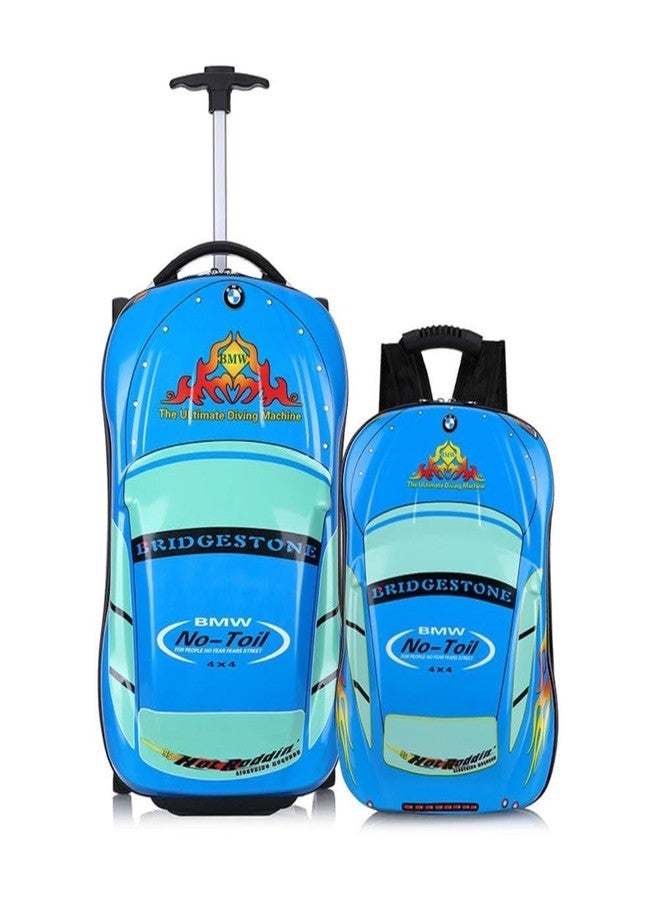 ADSON (Set of 2 Pcs - Trolley Bag and Picnic Bag 4D Car Shape Children Travel Luggage Spinner Rolling Universal Wheels with Telescoping Handle Suitcase Trolley Set 18 inch (Car Blue) - Image 1