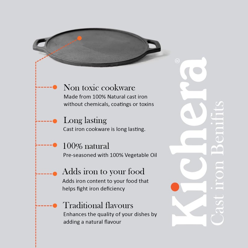 Kichera Pre Seasoned Double Loop Handle Cast Iron Dosa Tawa Roti Pan12Inch NonStick Cookware 30cm Diameter 3kg Weight Induction Friendly Pure ToxinFree - Image 5