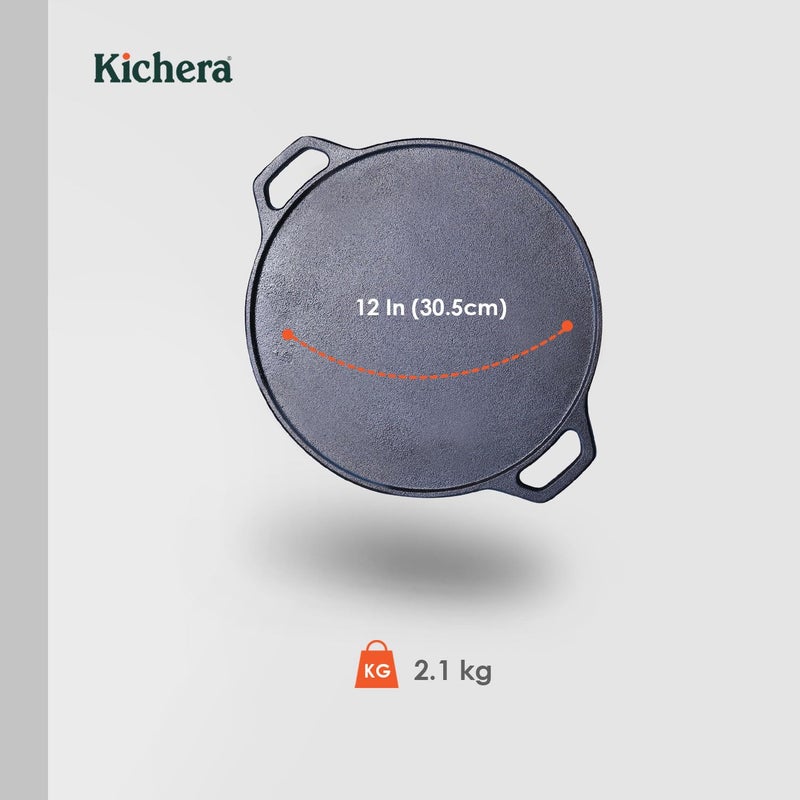Kichera Pre Seasoned Double Loop Handle Cast Iron Dosa Tawa Roti Pan12Inch NonStick Cookware 30cm Diameter 3kg Weight Induction Friendly Pure ToxinFree - Image 4
