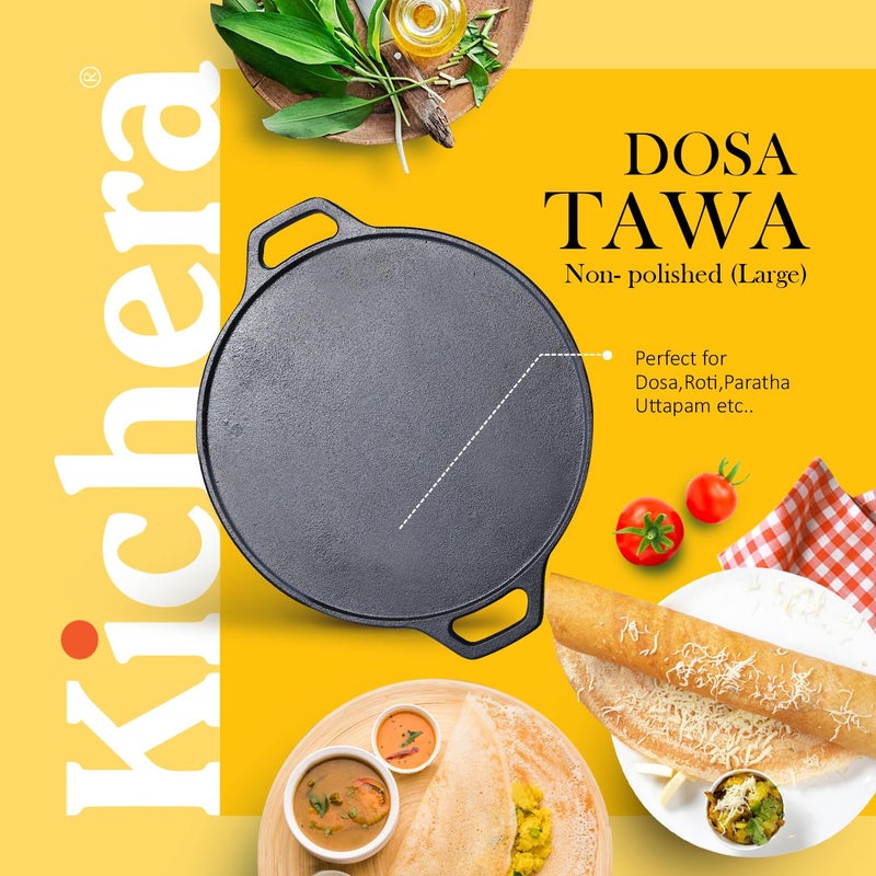 Kichera Pre Seasoned Double Loop Handle Cast Iron Dosa Tawa Roti Pan12Inch NonStick Cookware 30cm Diameter 3kg Weight Induction Friendly Pure ToxinFree - Image 3