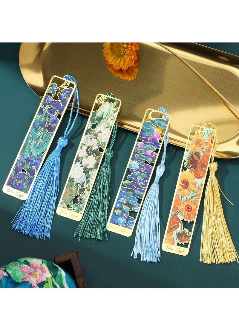 Oasisgalore - 4Pcs Handmade Book Marks，Hollow Flower Metal Bookmarks with Tassels for Women Kids Student Teacher Book Lovers - Image 1