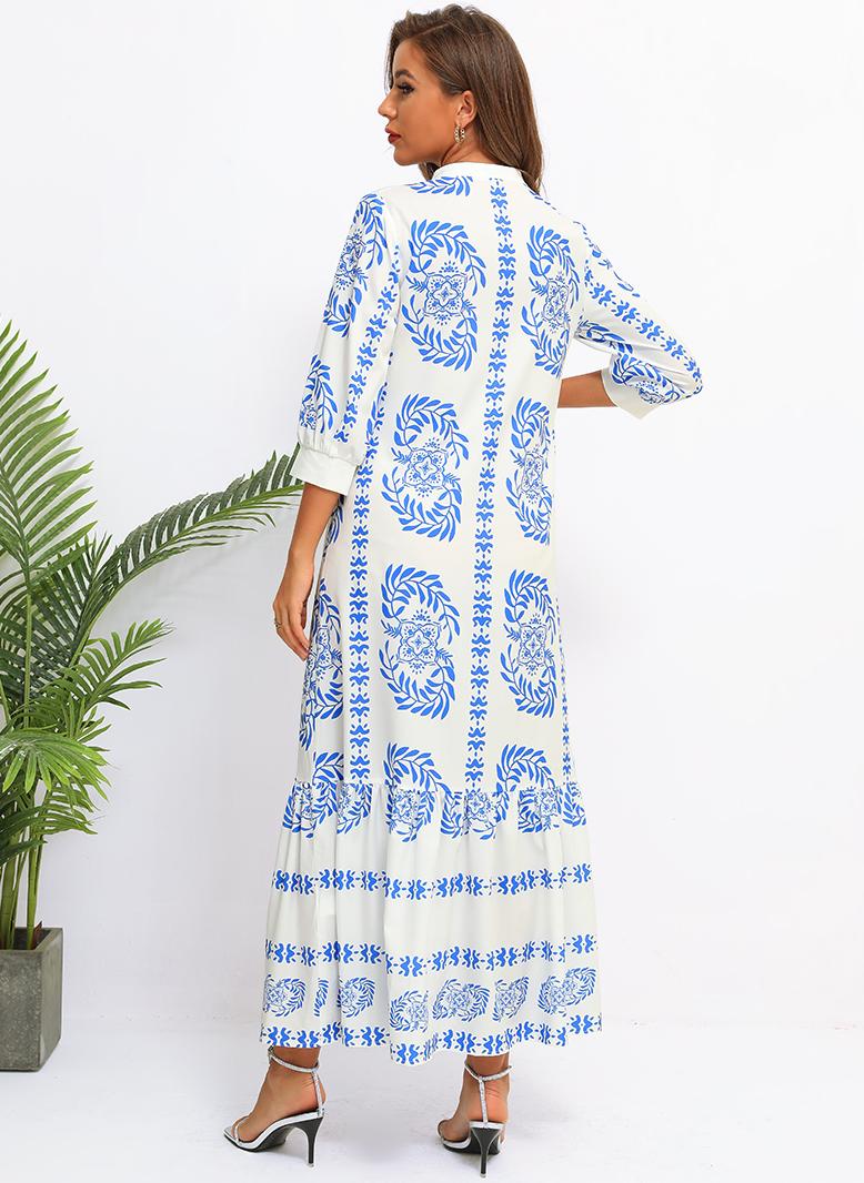 FridayIn Female Dignified style V-neck Flowers Loose Long dress Blue - Image 2