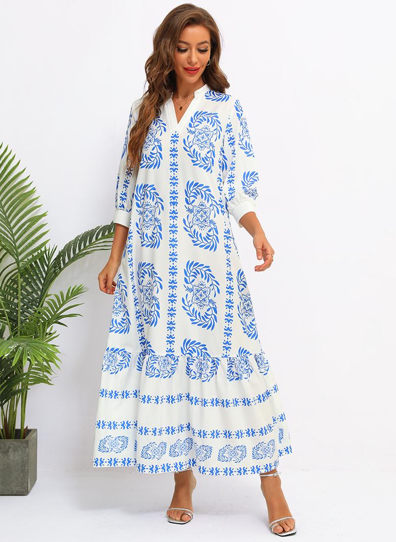 FridayIn Female Dignified style V-neck Flowers Loose Long dress Blue - Image 1