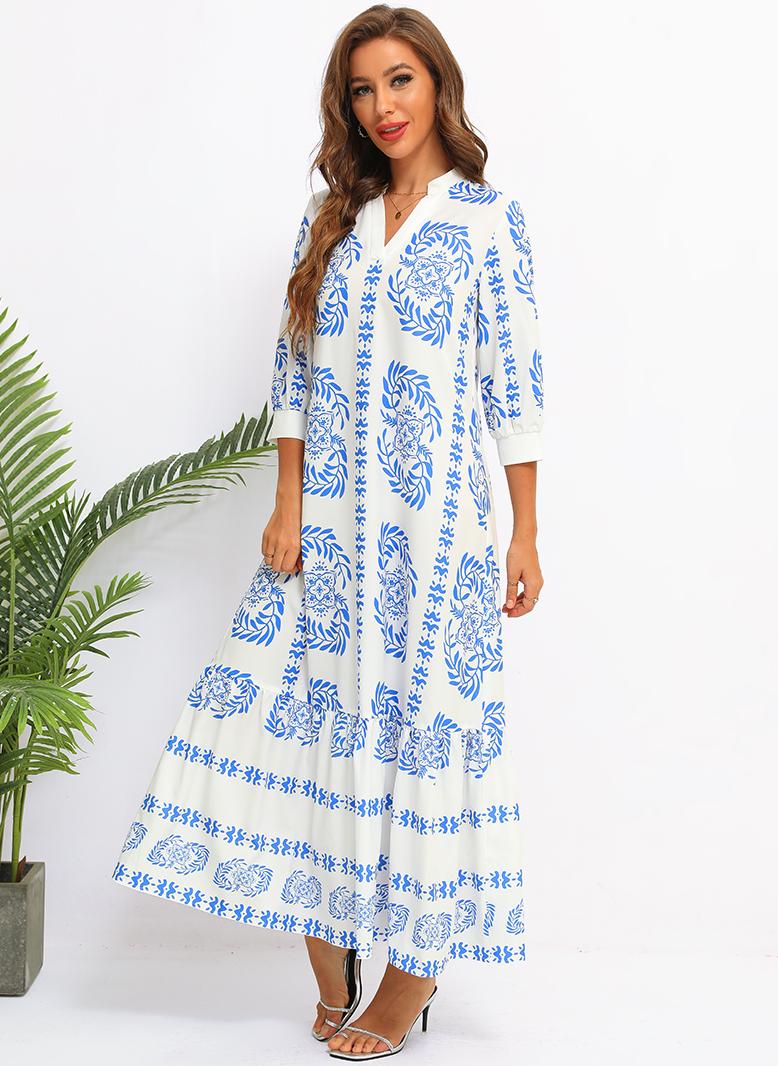 FridayIn Female Dignified style V-neck Flowers Loose Long dress Blue - Image 4