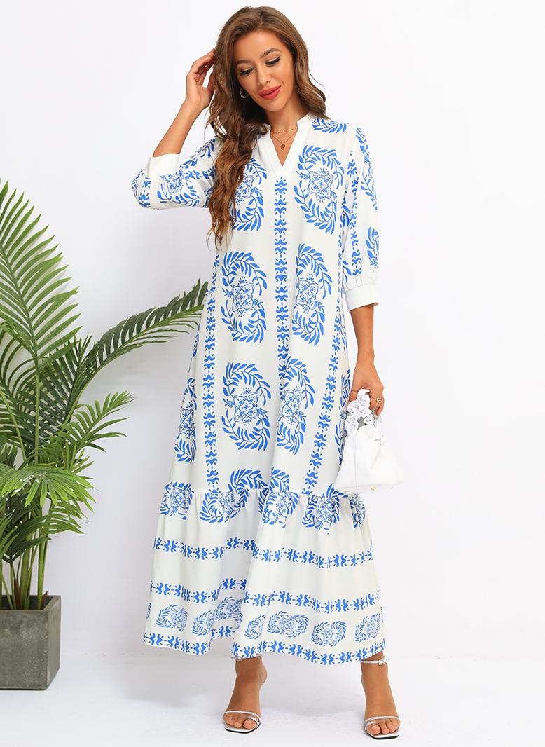 FridayIn Female Dignified style V-neck Flowers Loose Long dress Blue - Image 5