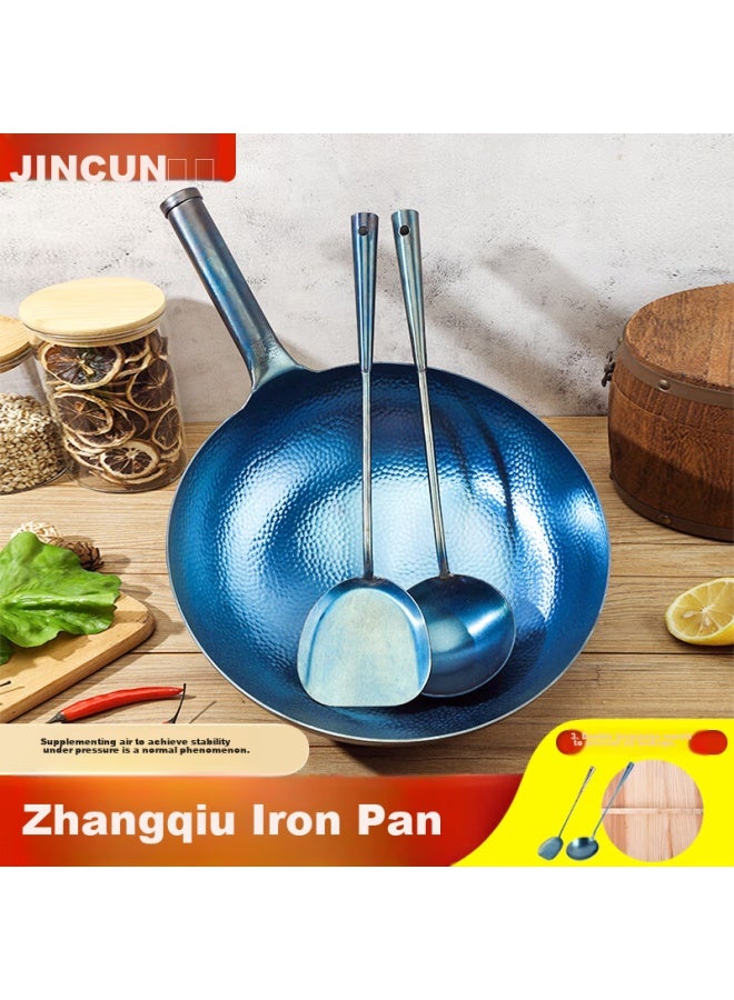 Gold Deposit Jin Cun Zhangqiu Wok Iron Pan Stir-fry Pan Round Bottom Household Non-coated Traditional Hammer-stamped Iron Handle 32cm Pre-seasoned - Image 1