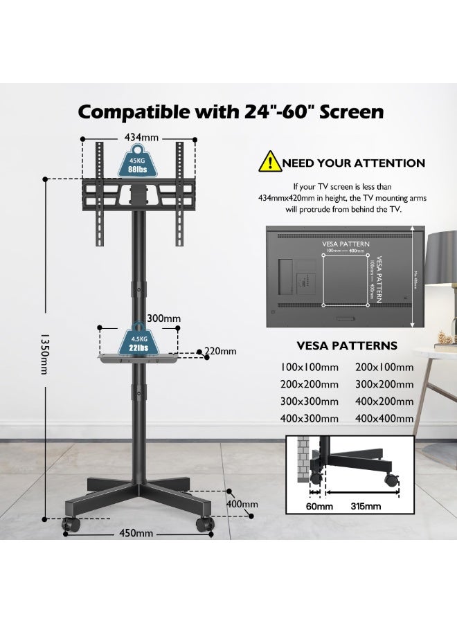 Arabest Stand on Wheels, Tilting, Height-Adjustable Rollable TV Stand with Media Tray for 24-60 Inch LED, LCD, OLED Flat and Curved TVs, Holds up to 45kg - Image 5