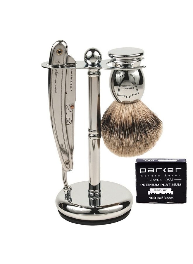 Parker Safety Razor - Parker Sr1 Men’S Shave Set Pure Badger Brush Shave Stand Razor & 100 Blades - Image 1