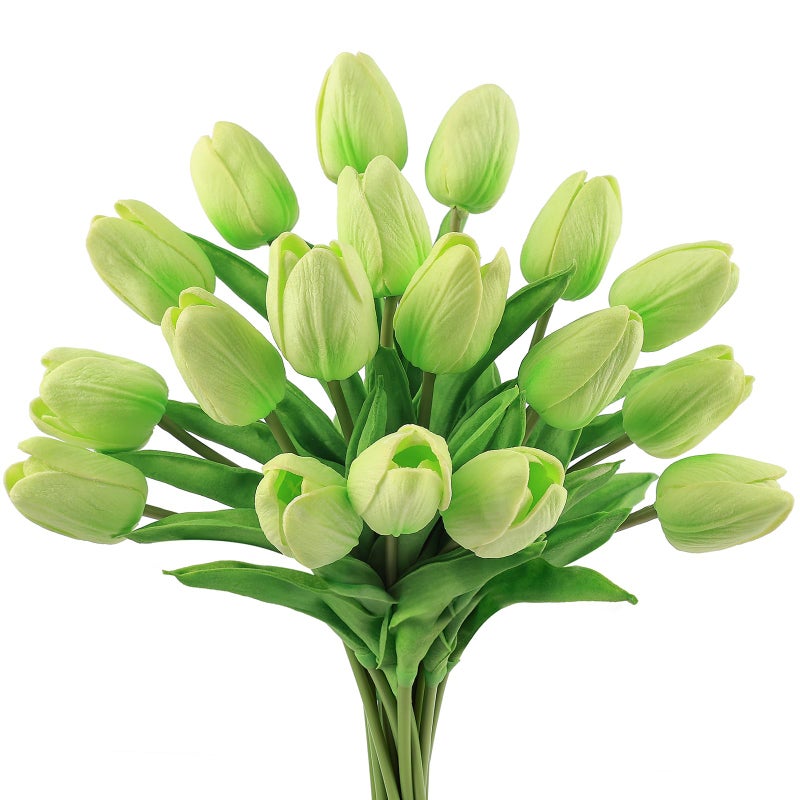 Beferr 18pcs Tulips Artificial Flowers Faux Tulip Real Touch Fake Flowers Bouquets Arrangements for Easter Spring Flowers Home Table Decor Green - Image 2