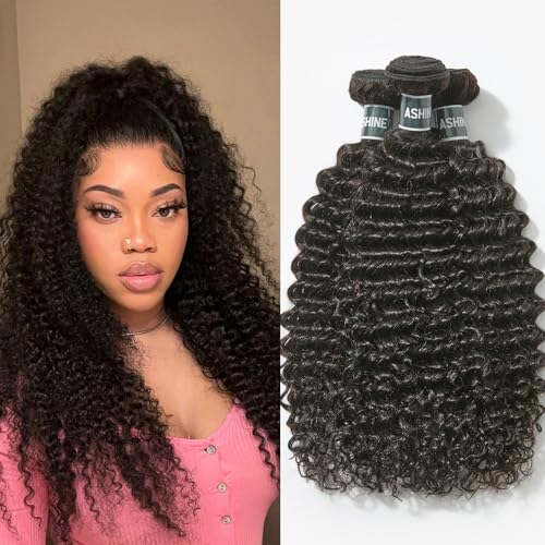 ASHINE Human Hair Bundles Deep Curly Water Wave Unprocessed Cambodian Raw Hair 16 18 20 Inch Flip Over Quick Weave Wet and Wave Bundles for Women Natural Black - Image 1